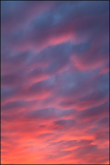 Abstract photograph of red and purple clouds above an orange sunset sky on a November evening in rural Allen County, Indiana.
