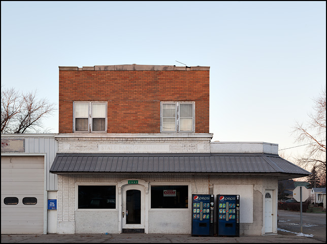 The former State Bank of Kimmell building on Clark Street in the small town of Kimmell, Indiana. The building is now Fosters Sales and Service, an automobile and lawn mower repair garage.