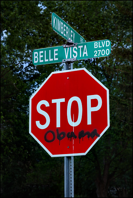 Anti-Obama graffiti on a stop sign that makes it say Stop Obama.