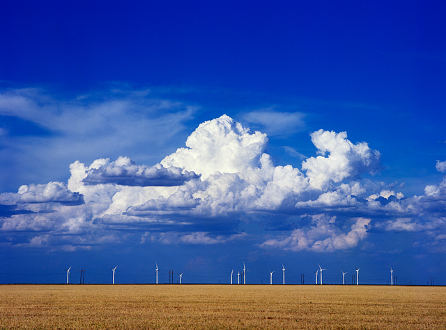 A group of wind turbines stand over a wheat field under a deep blue sky in the Texas panhandle in Oldham County, Texas.