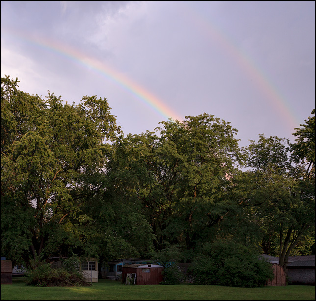 A double rainbow in the sky over the Cozy Acres trailer park on Sandpoint Road in Fort Wayne, Indiana.