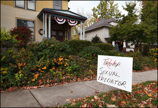 An anti-Donald Trump sign in front of a victorian house on Wells Street in Fort Wayne, Indiana. The sign, which has a swastika drawn over it, says, Trump Sexual Predator.