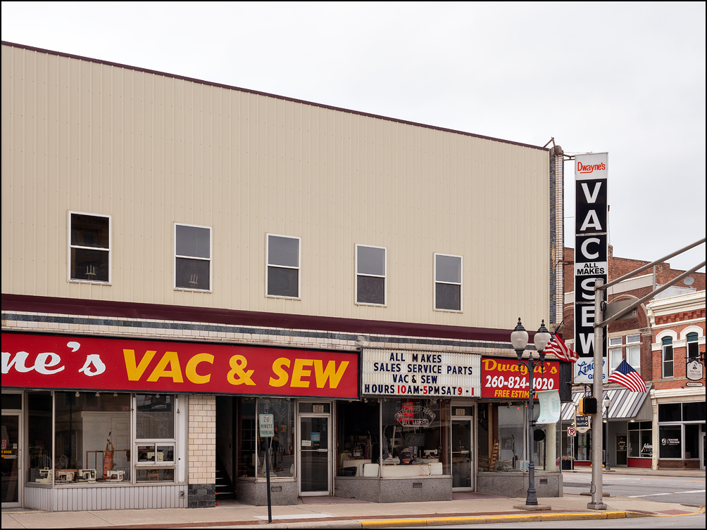 Dwaynes Vac and Sew, a sewing machine and vacuum cleaner store on Market Street in the small town of Bluffton, Indiana.