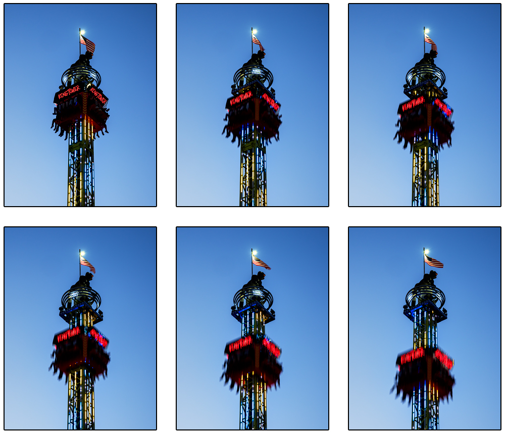 A series of six photographs showing the motion of the Kong Tower, a carnival ride at the 2023 Three Rivers Festival in Fort Wayne, Indiana. Photographed at sunset.