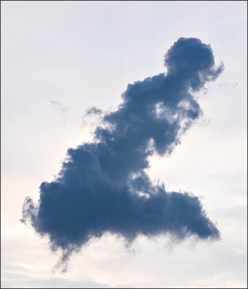 An abstract photograph of a dark cloud shaped like the letter L in the sky on an August morning in Fort Wayne, Indiana.