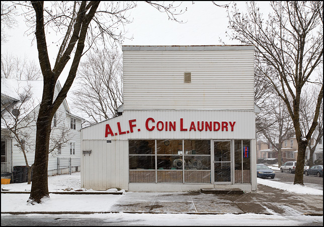 A snowstorm rages around ALF Coin Laundry on Third Street in Fort Wayne, Indiana.