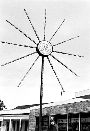 The flashing starburst sign with the GE logo at Elwood's Appliance Store on Lower Huntington Road in the waynedale area of Fort Wayne, Indiana.