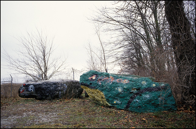 The frog rock at the Hanson Limestone Quarry on Sandpoint Road in Fort Wayne, Indiana. This photograph from 1996 shows the frog in its original location.