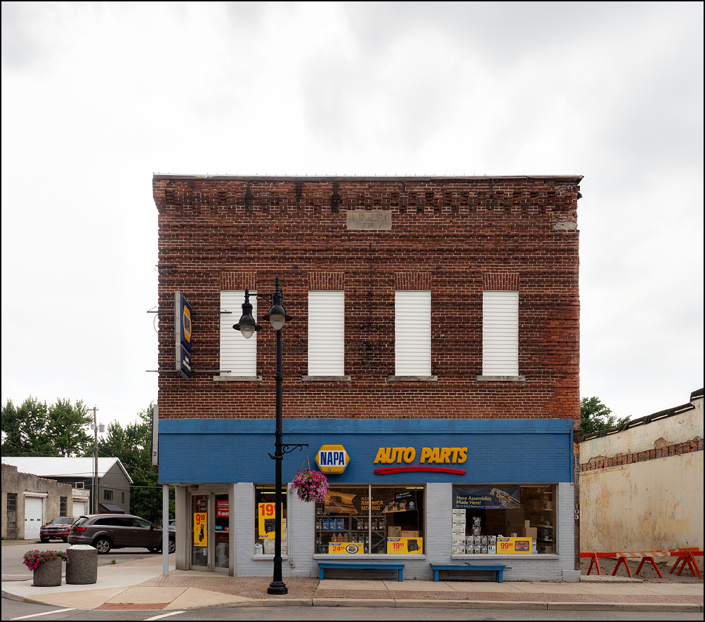 A NAPA auto parts store on Jefferson Street in the small town of Ossian, Indiana. The brick building was originally built as Odd Fellows lodge 719.