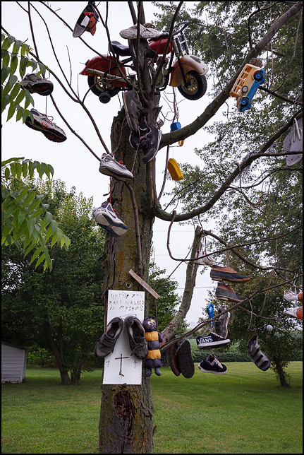 A tree with many pairs of shoes hanging from the branches and a child-sized motorcycle sitting in the top. A handpainted sign decorated with crosses is nailed to the front of the tree. The sign says Until you have walked in my shoes.