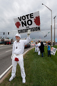 Photographs of a protest against circumcision by Bloodstained Men, a mens rights organization.
